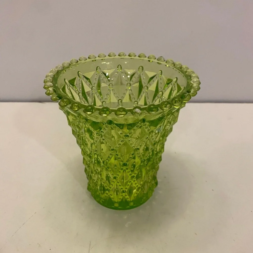Vintage Art Glass Vase Beaded Diamond Design Pattern Green